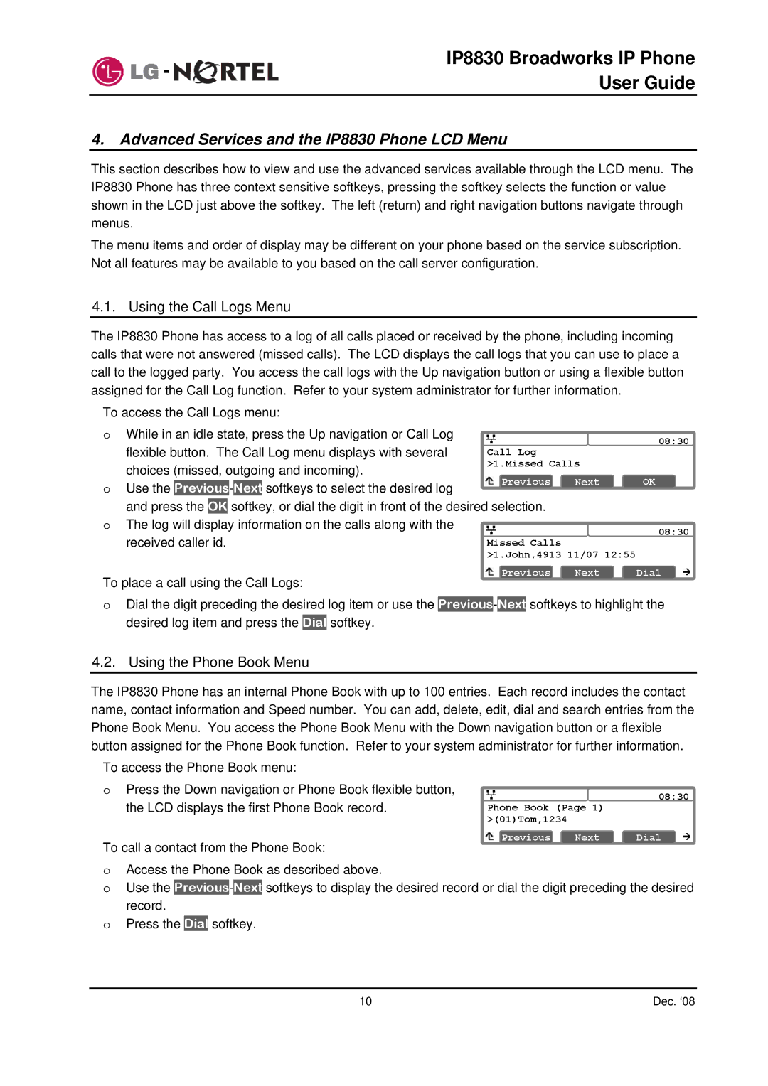 Mitel manual Advanced Services and the IP8830 Phone LCD Menu, Using the Call Logs Menu, Using the Phone Book Menu 