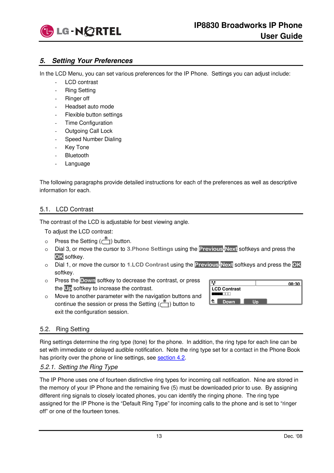 Mitel IP8830 manual Setting Your Preferences, LCD Contrast, Ring Setting, Setting the Ring Type 