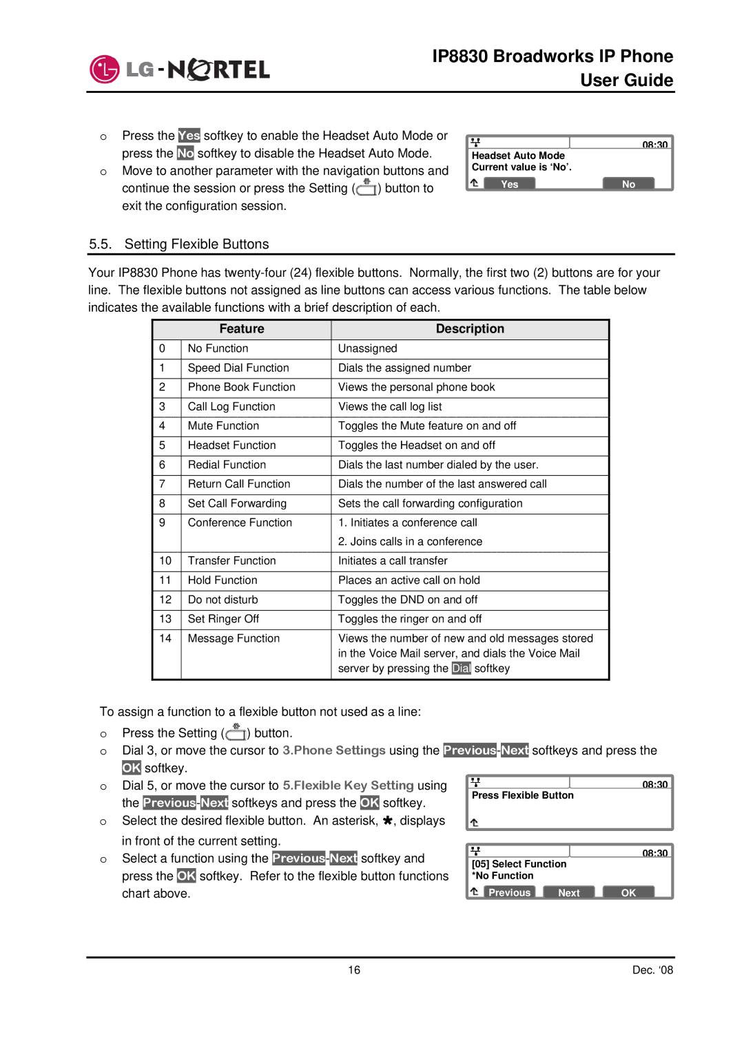 Mitel IP8830 manual Setting Flexible Buttons, Feature Description 