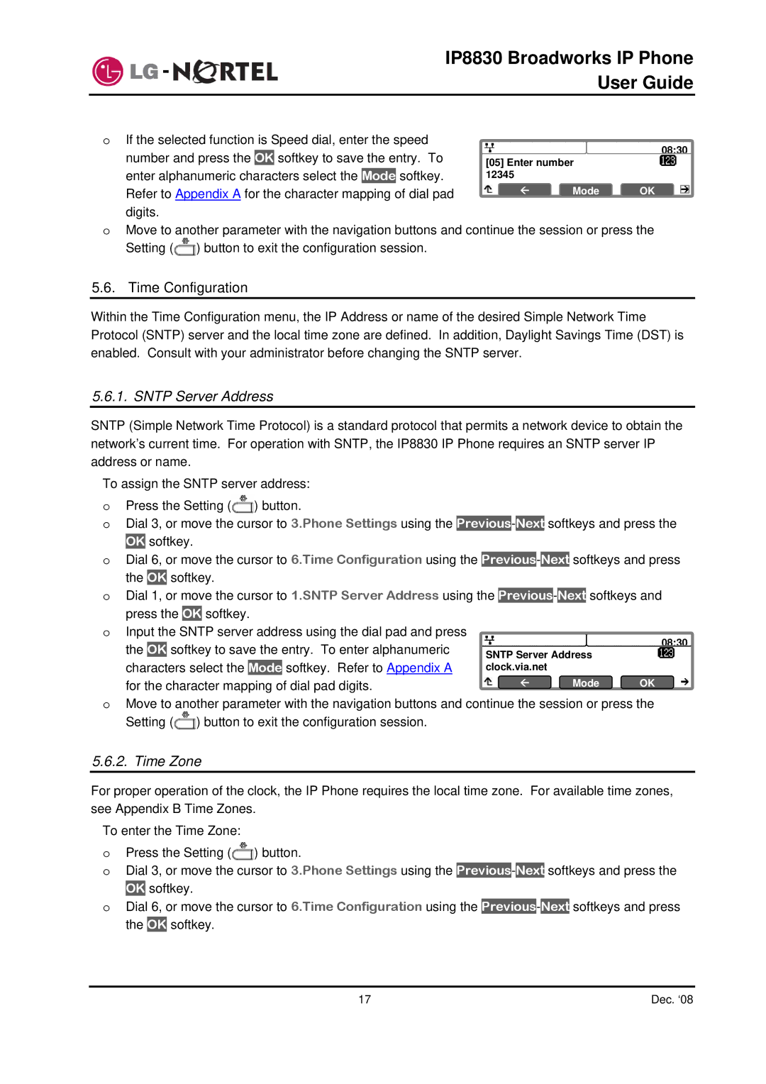 Mitel IP8830 manual Time Configuration, Sntp Server Address, Time Zone 