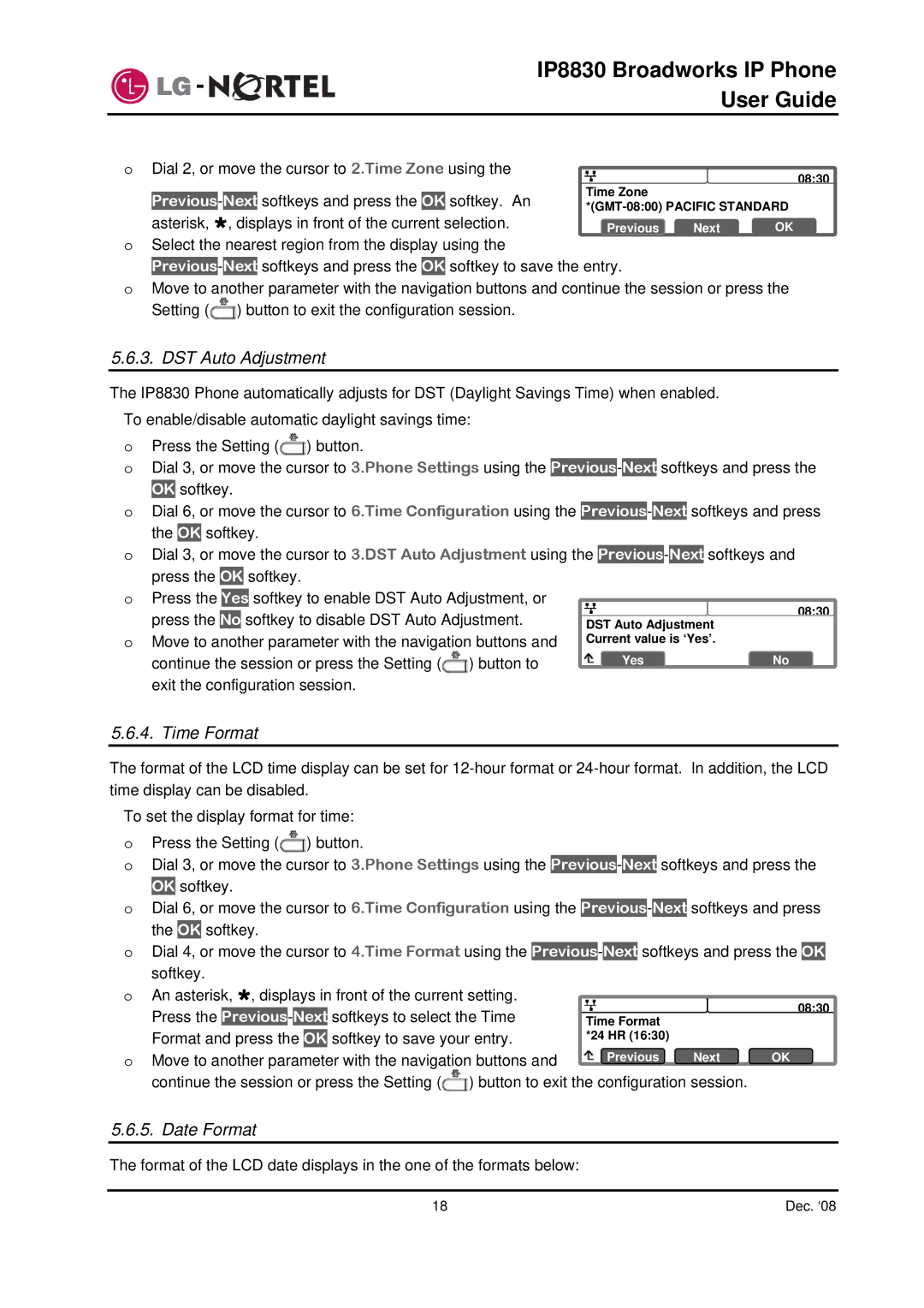 Mitel IP8830 manual DST Auto Adjustment, Time Format, Date Format 