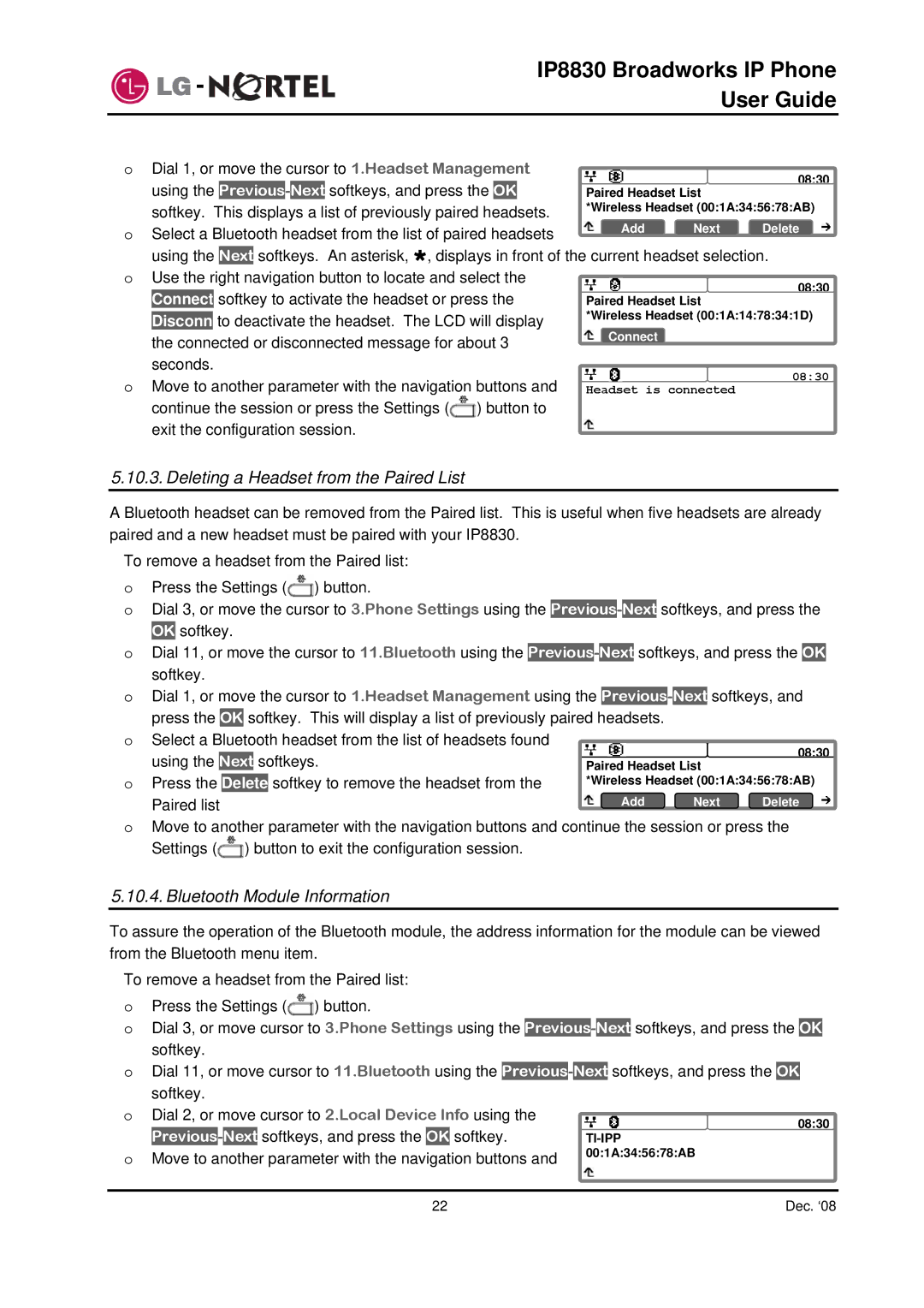 Mitel IP8830 manual Deleting a Headset from the Paired List, Bluetooth Module Information 