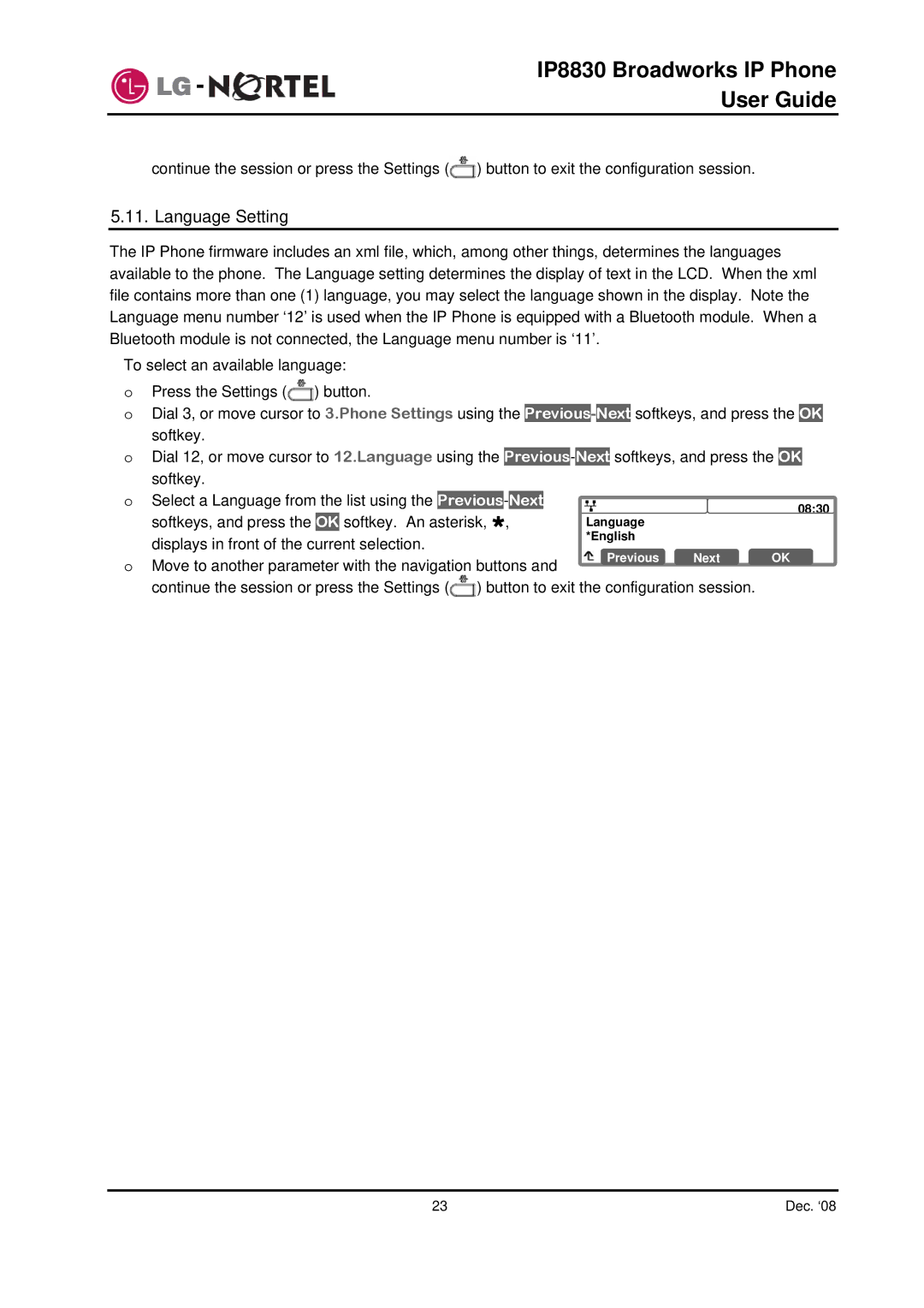 Mitel IP8830 manual Language Setting 