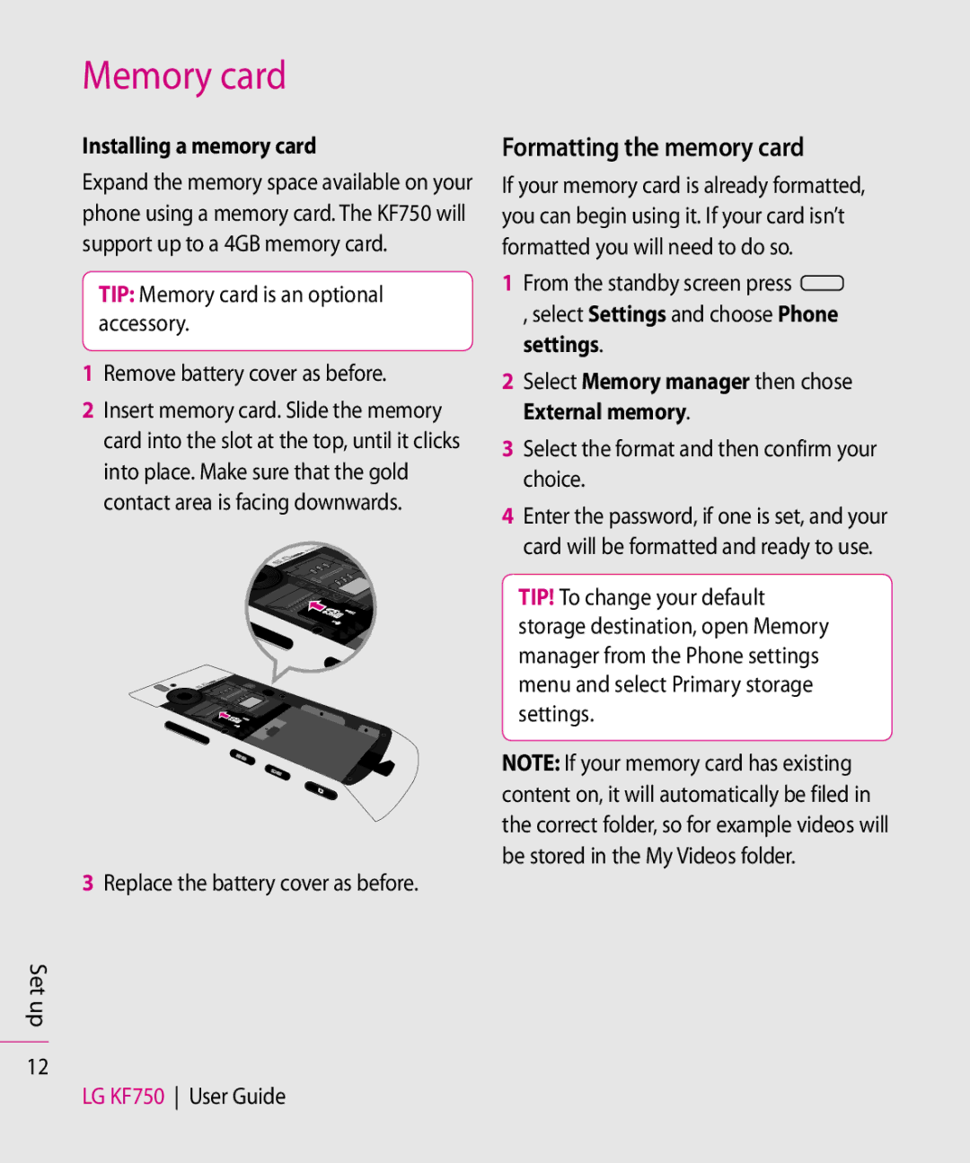 Mitel KF750 manual Memory card, Formatting the memory card, Installing a memory card 