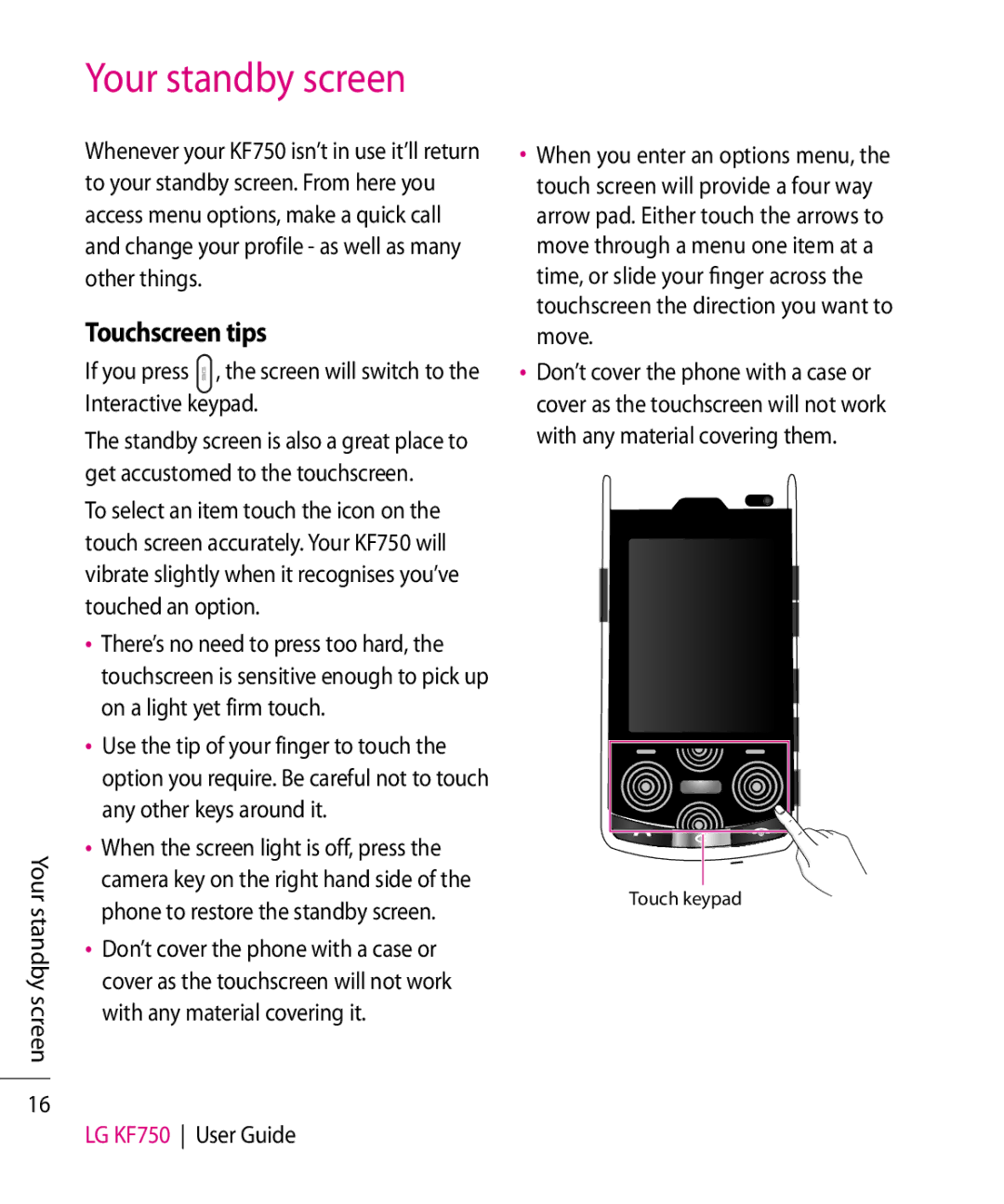 Mitel KF750 manual Your standby screen, Touchscreen tips 