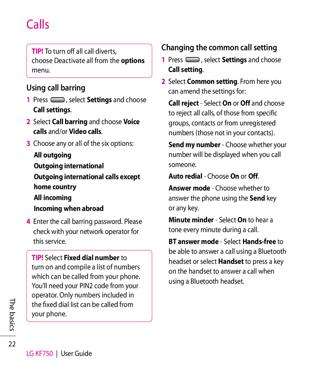 Mitel KF750 manual Using call barring, Changing the common call setting 