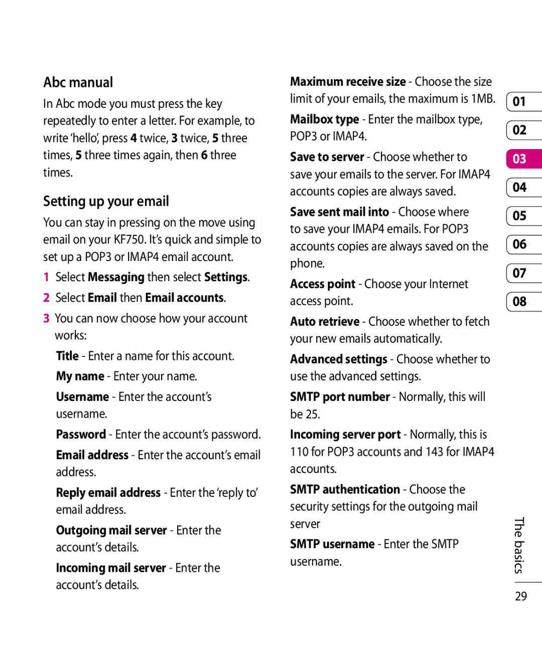 Mitel KF750 Abc manual, Setting up your email, Select Email then Email accounts, Smtp port number Normally, this will be 