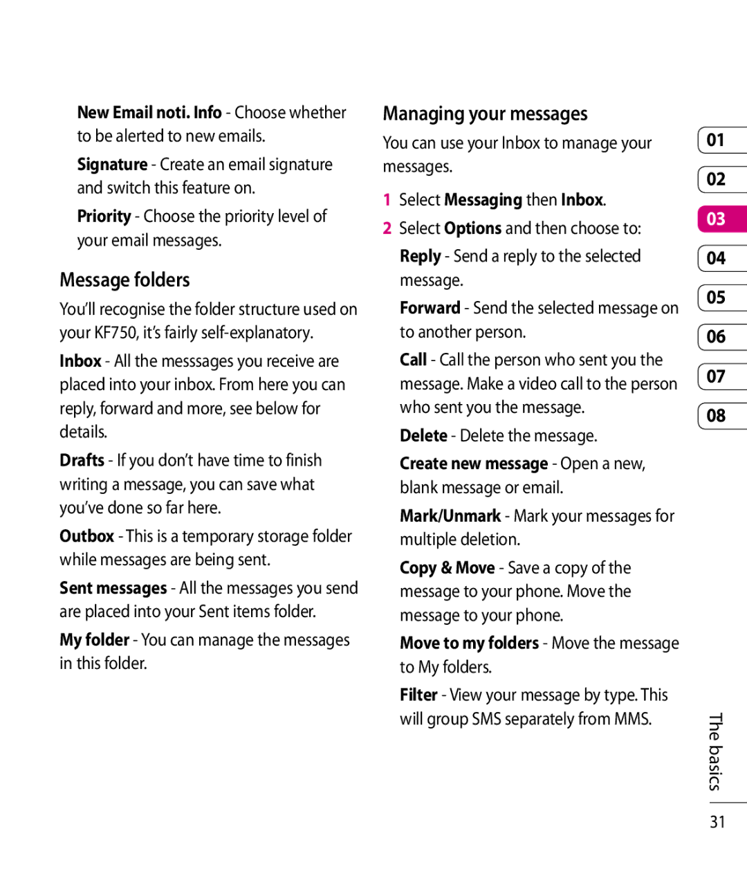 Mitel KF750 manual Message folders, Managing your messages, Select Messaging then Inbox 