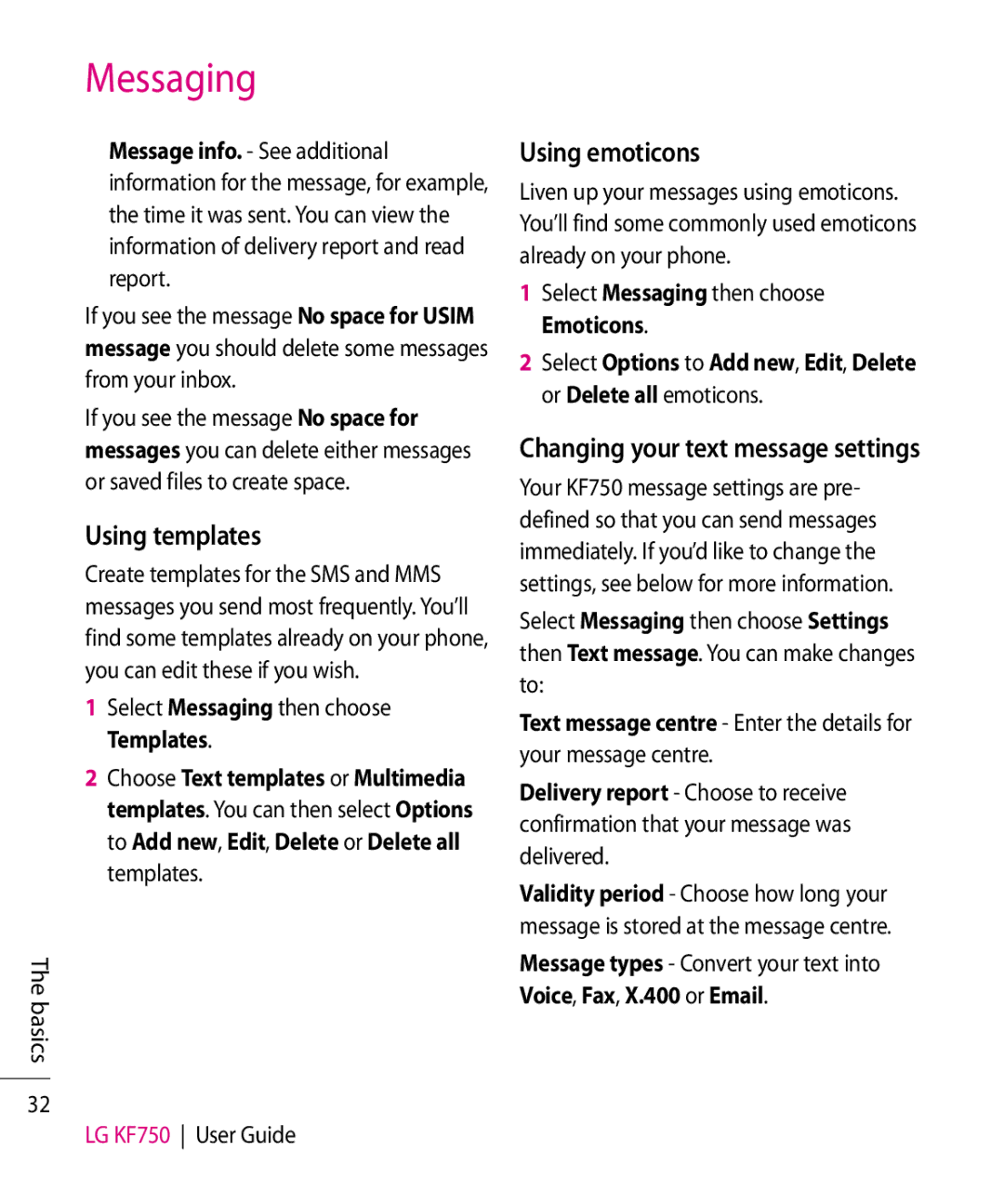 Mitel KF750 Using templates, Using emoticons, Changing your text message settings, Select Messaging then choose Templates 