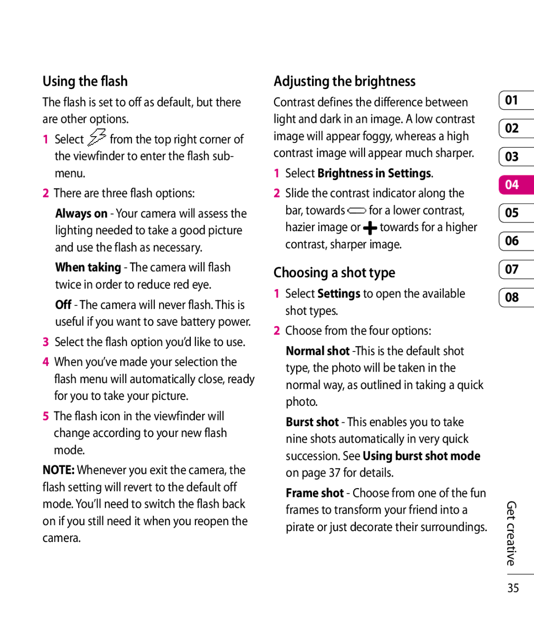 Mitel KF750 manual Using the flash, Adjusting the brightness, Choosing a shot type, Select Brightness in Settings 