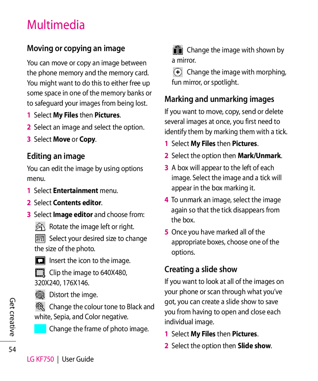 Mitel KF750 manual Moving or copying an image, Editing an image, Marking and unmarking images, Creating a slide show 