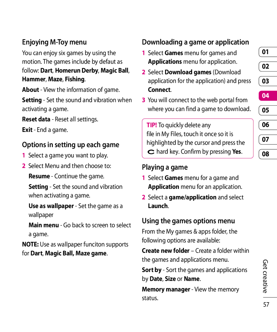 Mitel KF750 manual Enjoying M-Toy menu, Playing a game, Options in setting up each game, Using the games options menu 