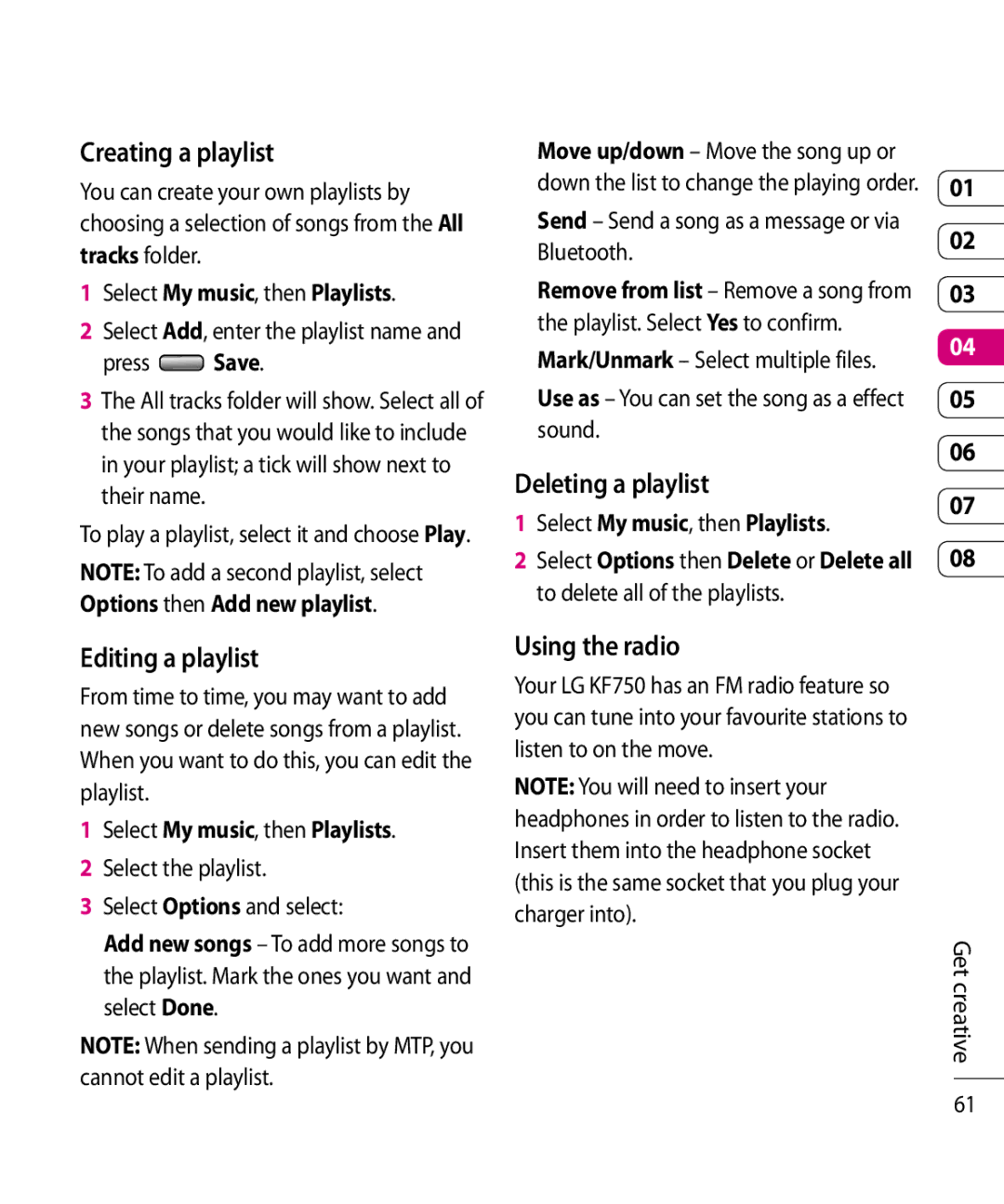 Mitel KF750 Creating a playlist, Deleting a playlist, Editing a playlist, Using the radio, Select My music, then Playlists 