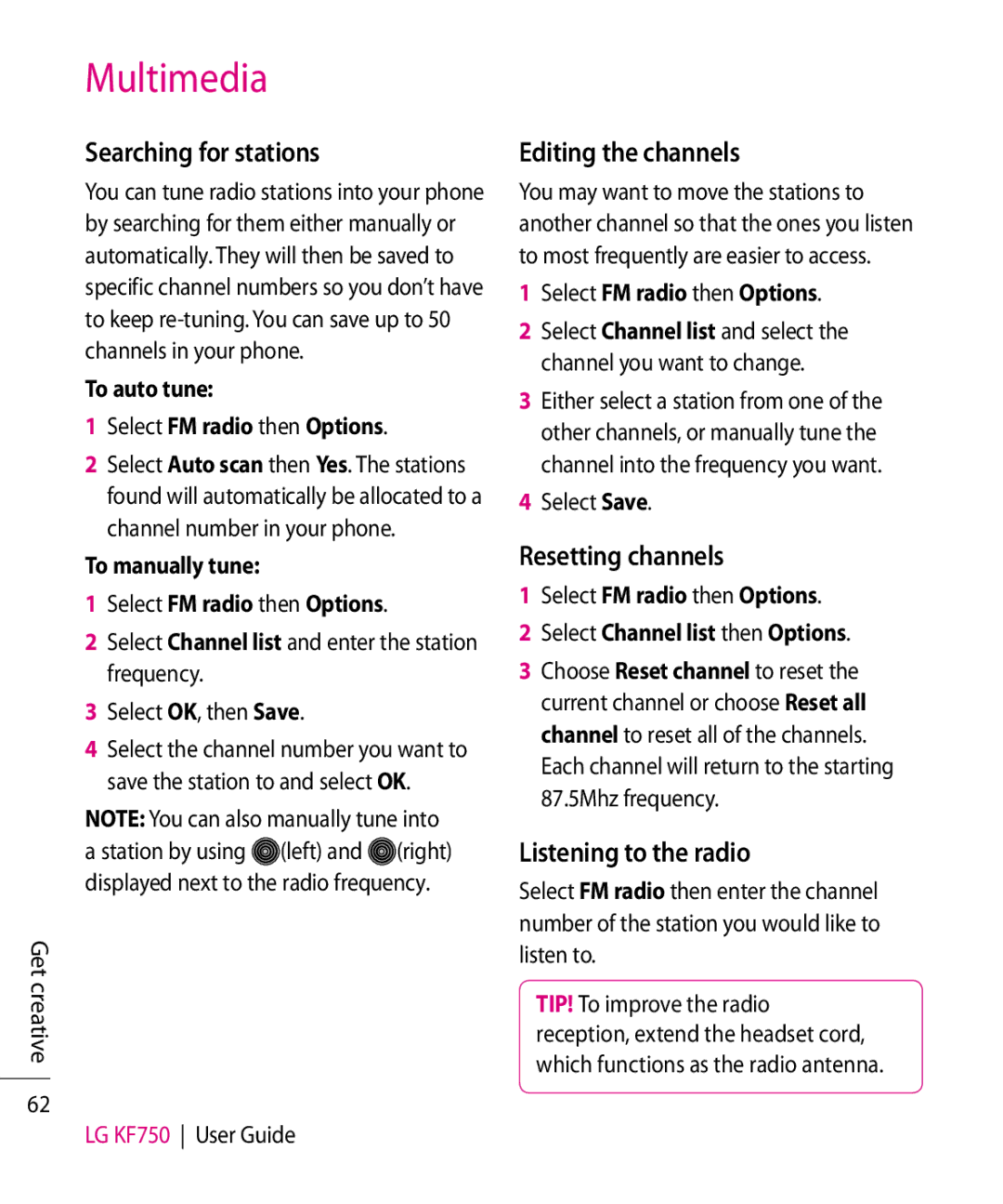 Mitel KF750 manual Searching for stations, Editing the channels, Resetting channels, Listening to the radio 