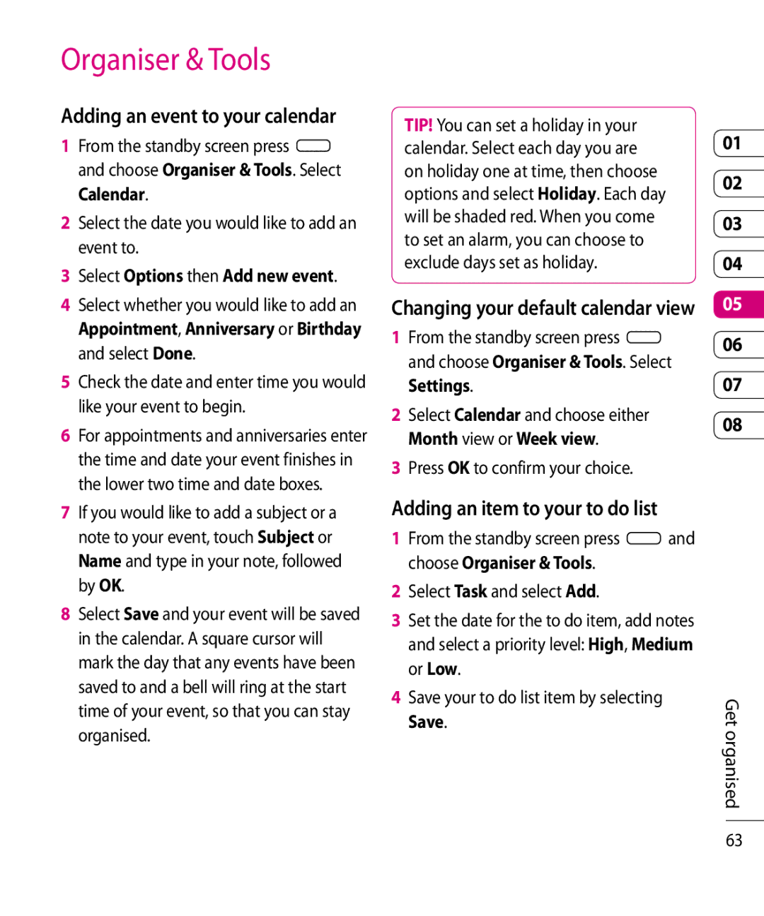 Mitel KF750 manual Organiser & Tools, Adding an event to your calendar, Adding an item to your to do list 