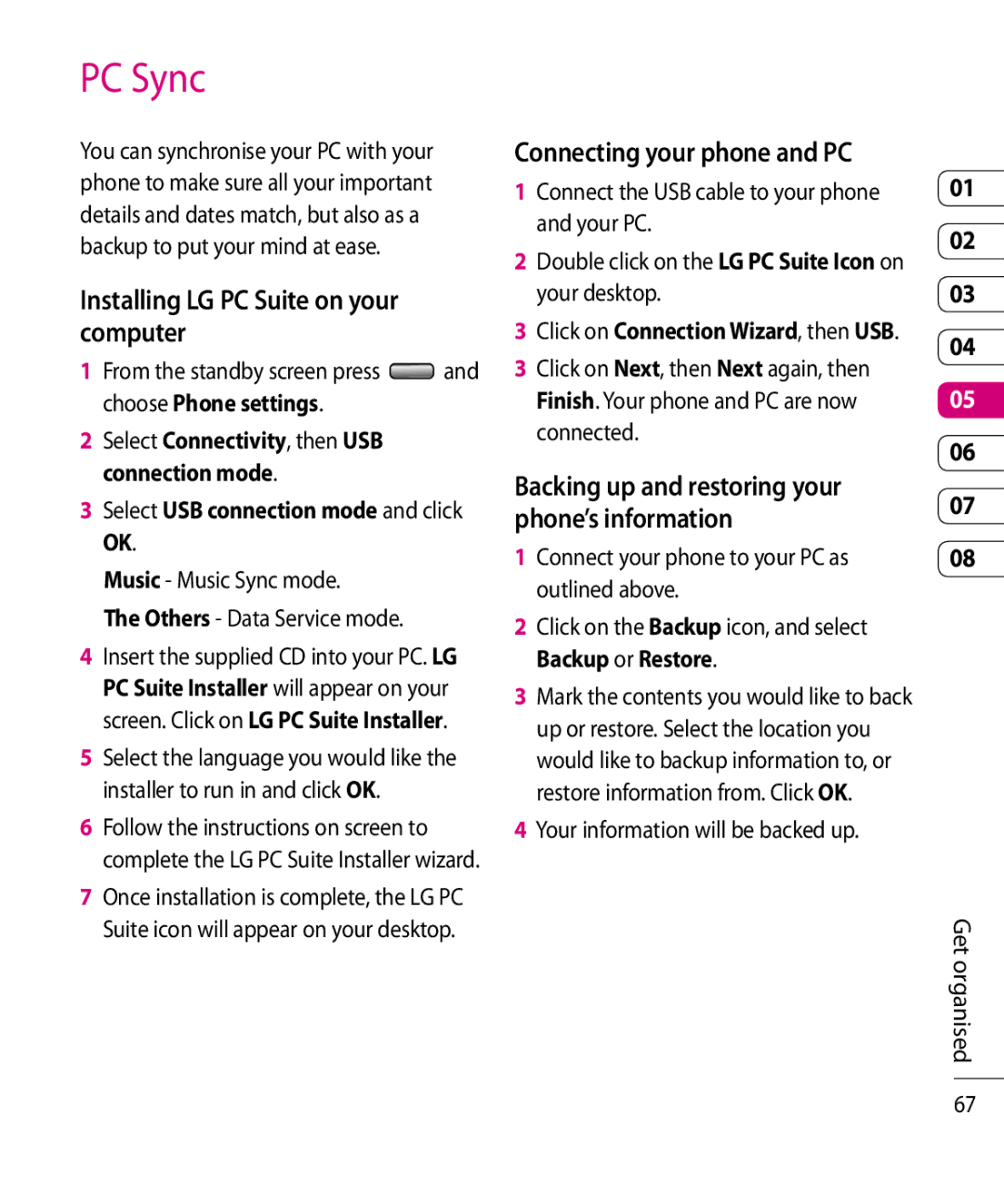 Mitel KF750 manual PC Sync, Installing LG PC Suite on your computer, Connecting your phone and PC 