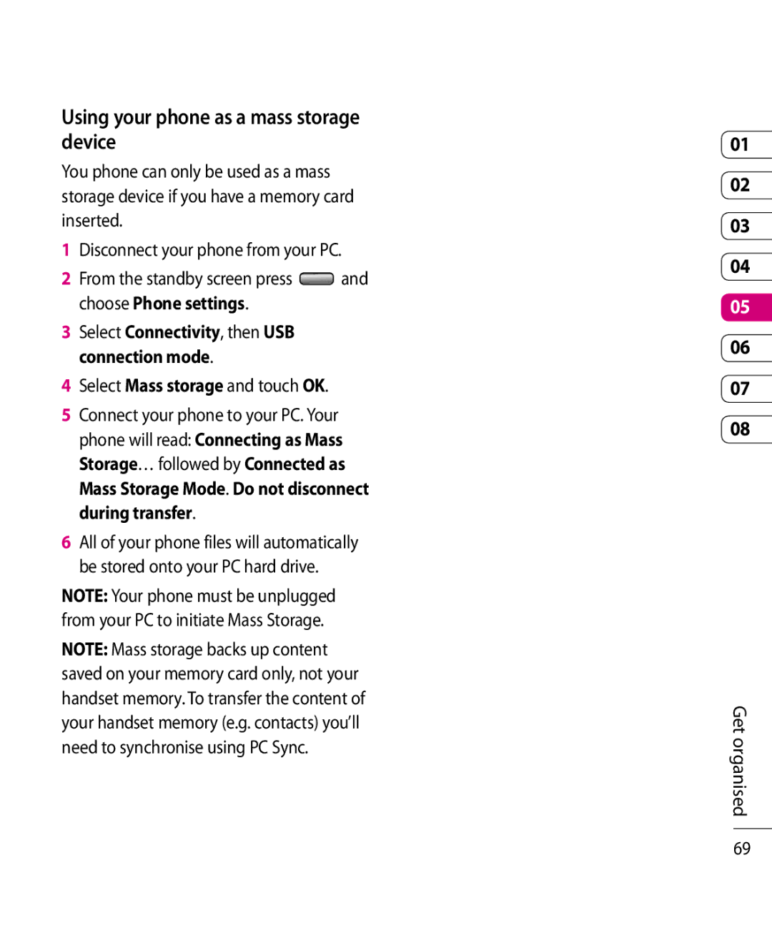 Mitel KF750 manual Using your phone as a mass storage device, Select Mass storage and touch OK 