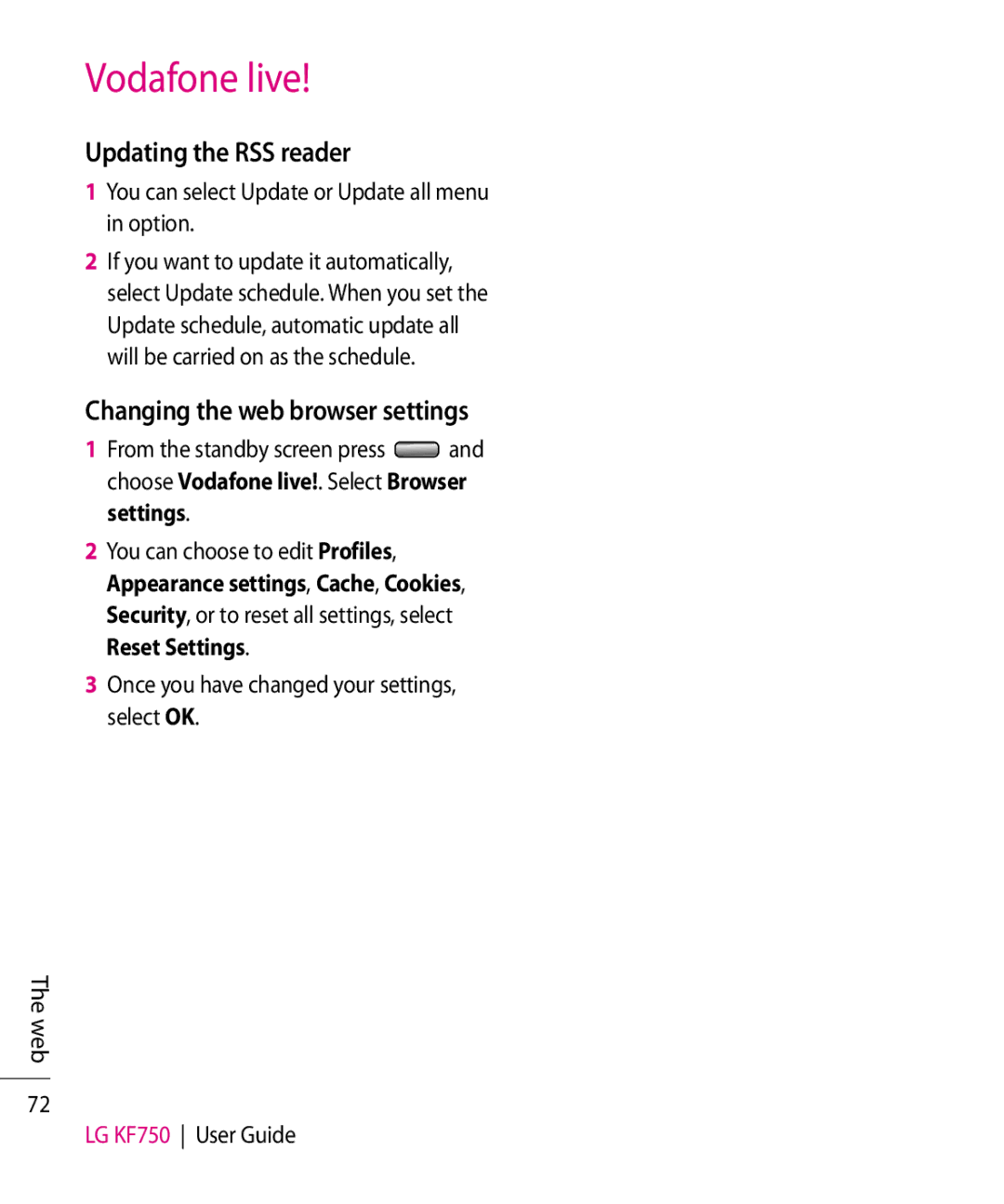 Mitel KF750 Updating the RSS reader, Changing the web browser settings, You can select Update or Update all menu in option 