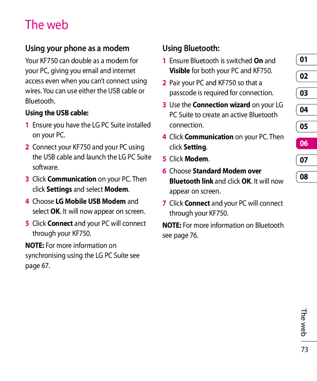 Mitel KF750 manual Web, Using Bluetooth, Using your phone as a modem, Using the USB cable 