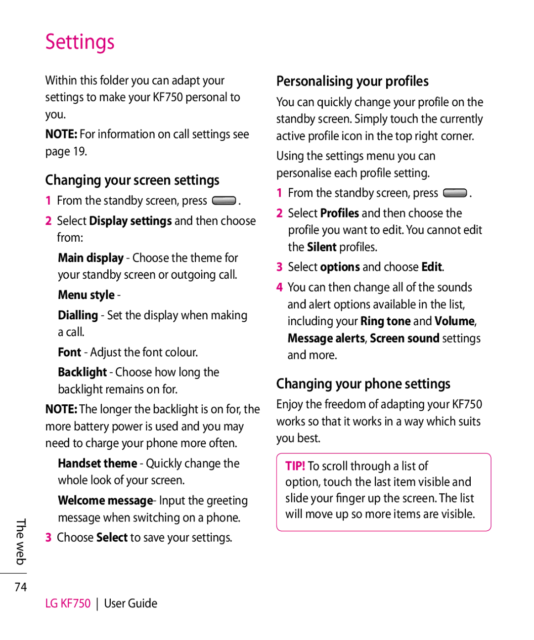 Mitel KF750 manual Settings, Personalising your profiles, Changing your phone settings, Changing your screen settings 