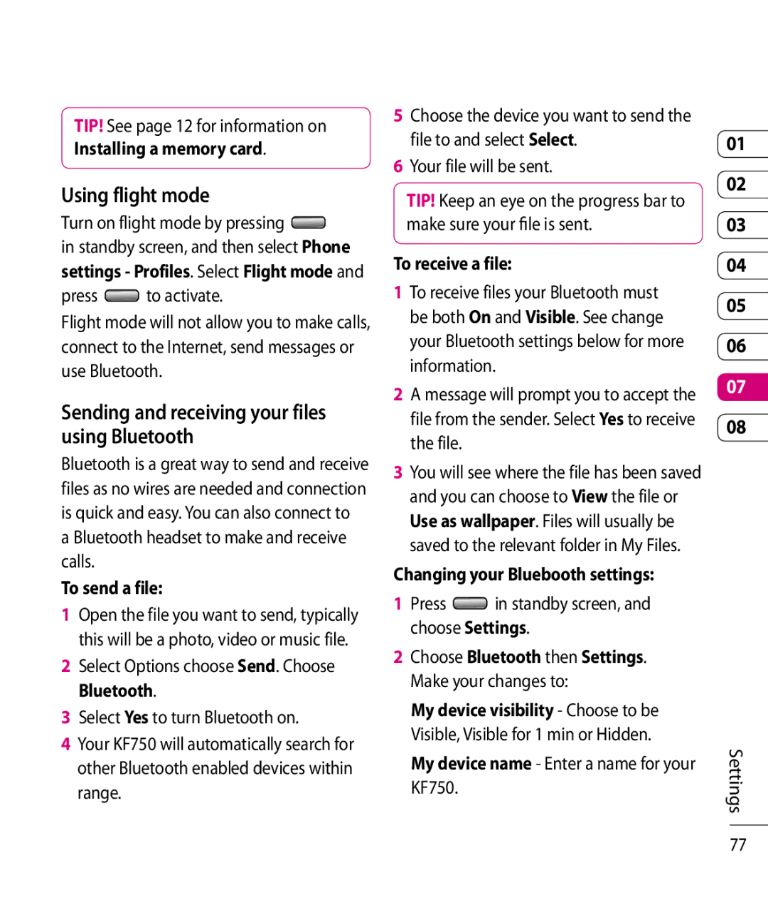 Mitel KF750 manual Using flight mode, Sending and receiving your files using Bluetooth 