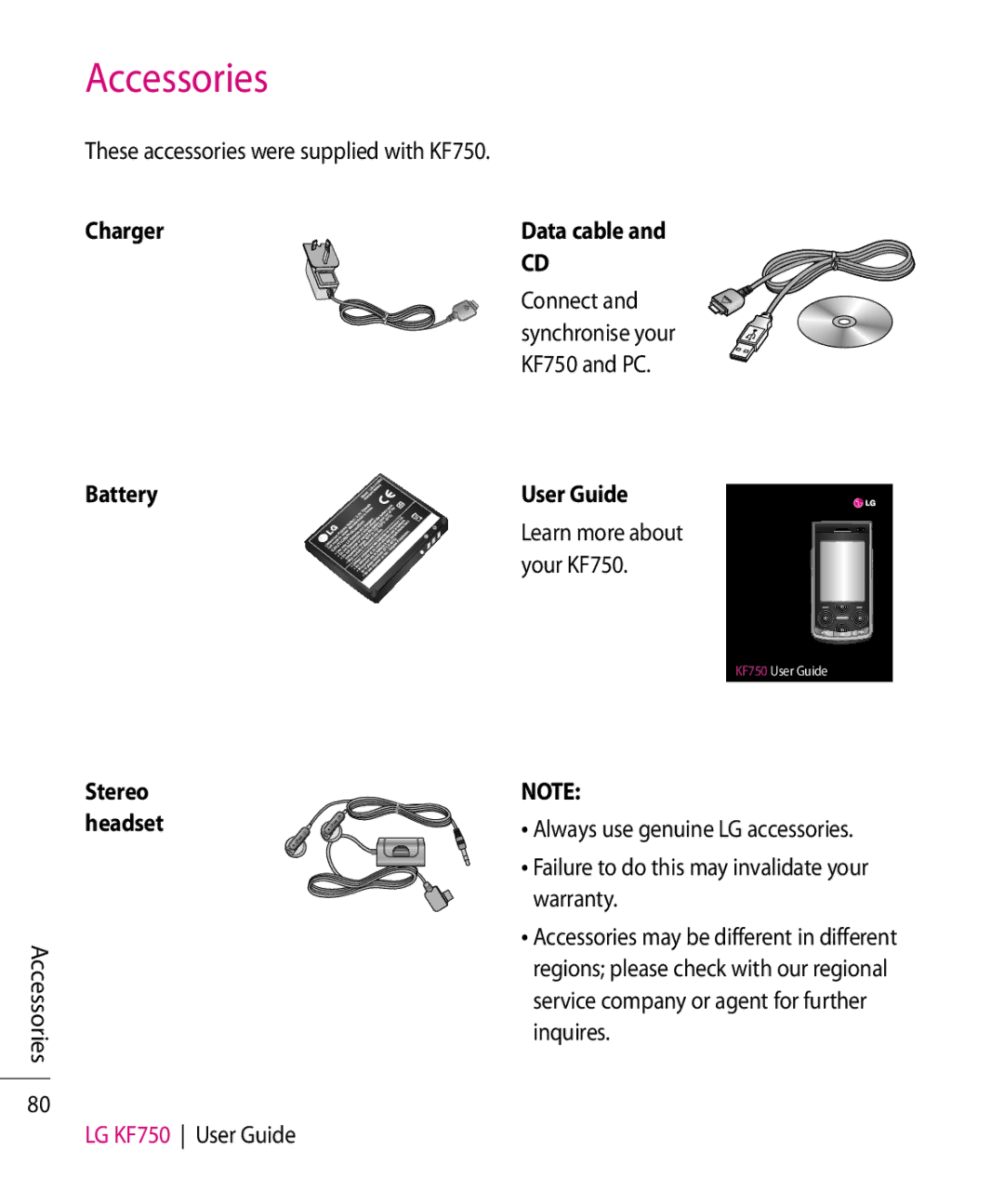 Mitel KF750 manual Accessories, Charger, Battery Stereo headset, User Guide 