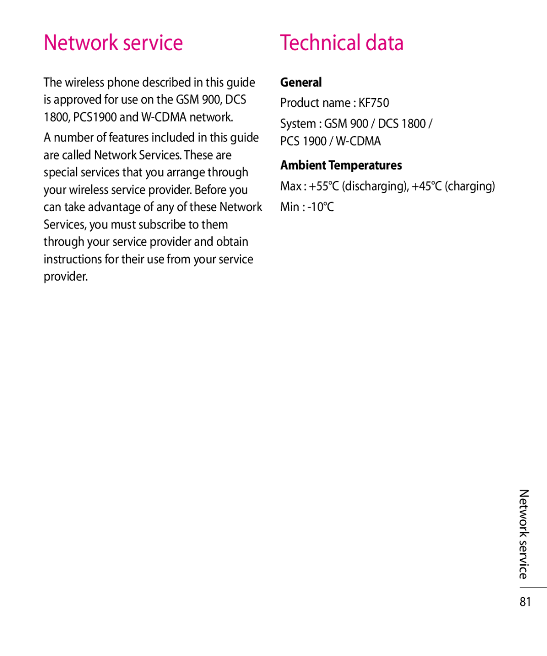 Mitel manual Network service, General, Product name KF750 System GSM 900 / DCS PCS 1900 / W-CDMA, Ambient Temperatures 