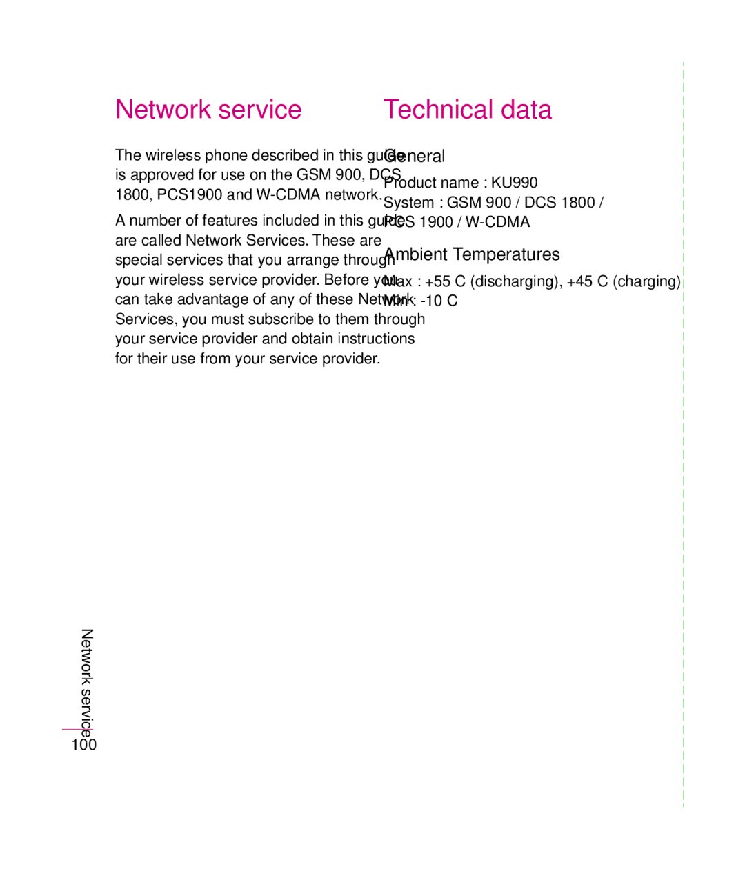 Mitel KU990 manual Network service, General, Ambient Temperatures 