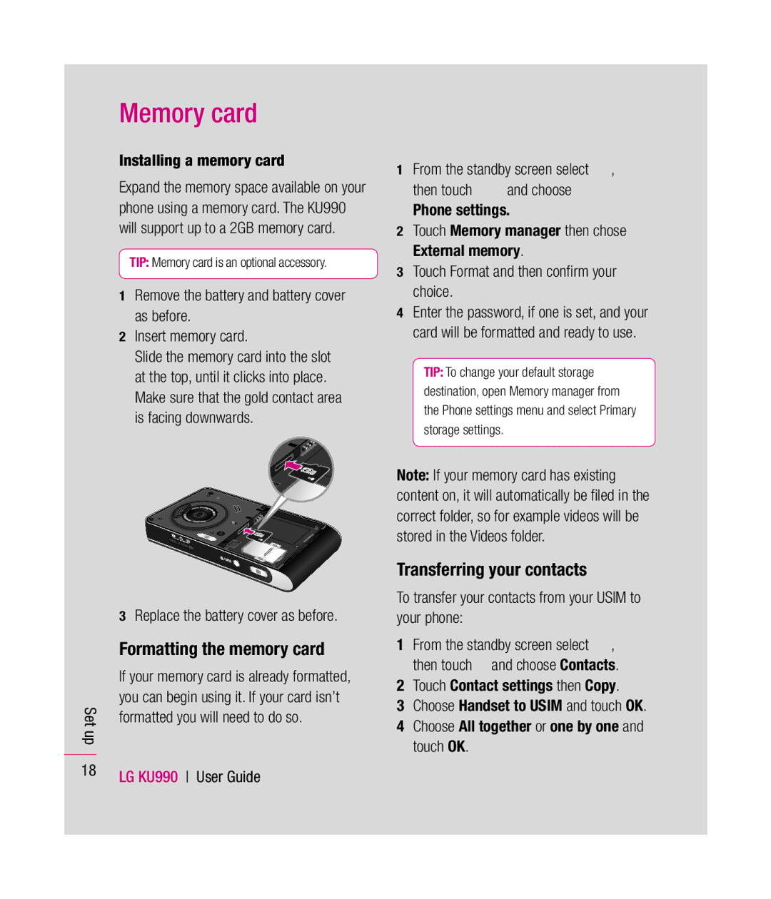 Mitel KU990 manual Memory card, Formatting the memory card, Transferring your contacts, Installing a memory card 