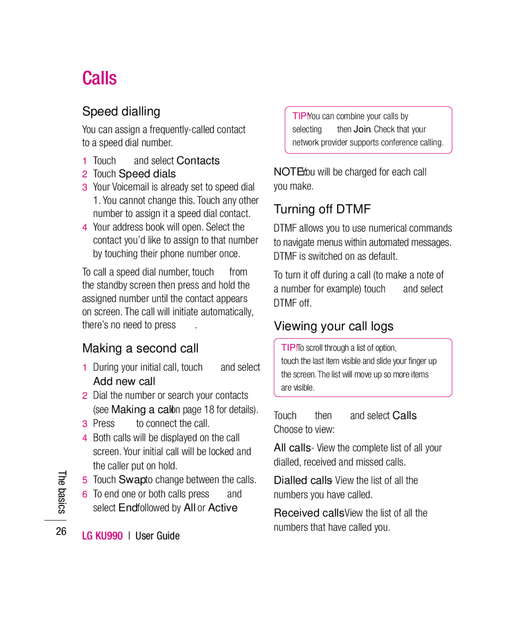 Mitel KU990 manual Speed dialling, Making a second call, Turning off Dtmf, Viewing your call logs 