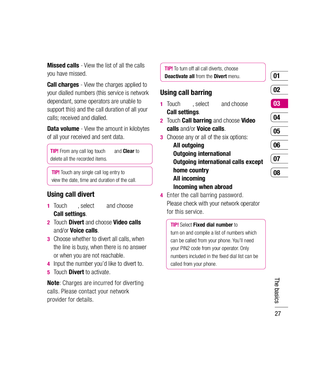 Mitel KU990 manual Using call divert, Using call barring, Missed calls View the list of all the calls you have missed 