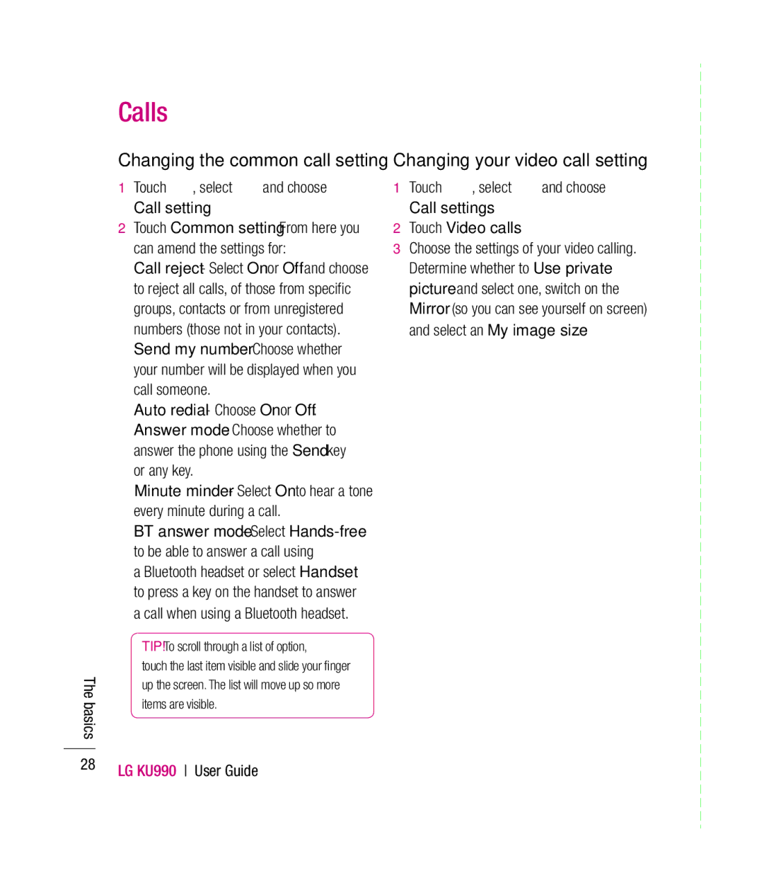 Mitel KU990 Changing the common call setting, Changing your video call setting, Touch , select and choose Call setting 