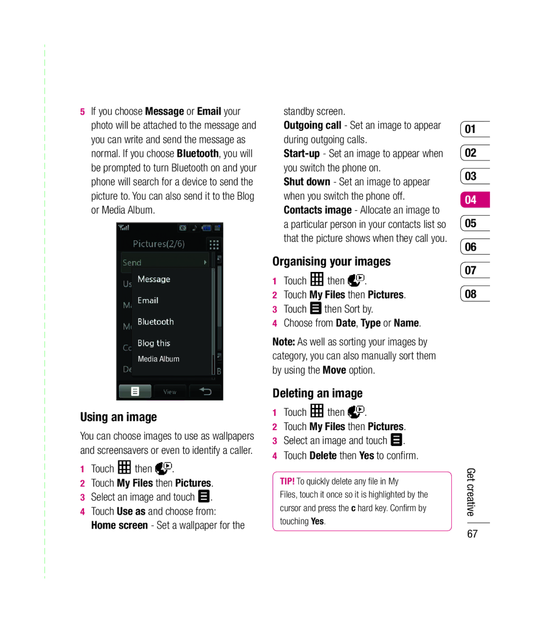 Mitel KU990 manual Using an image, Organising your images, Deleting an image 