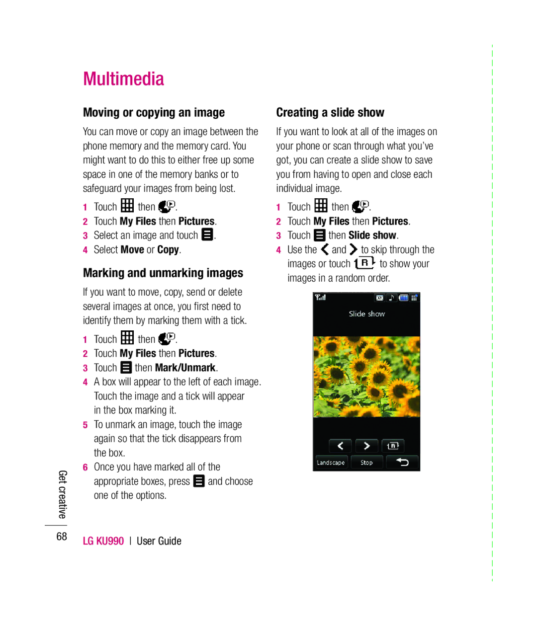 Mitel KU990 manual Moving or copying an image, Marking and unmarking images, Creating a slide show 