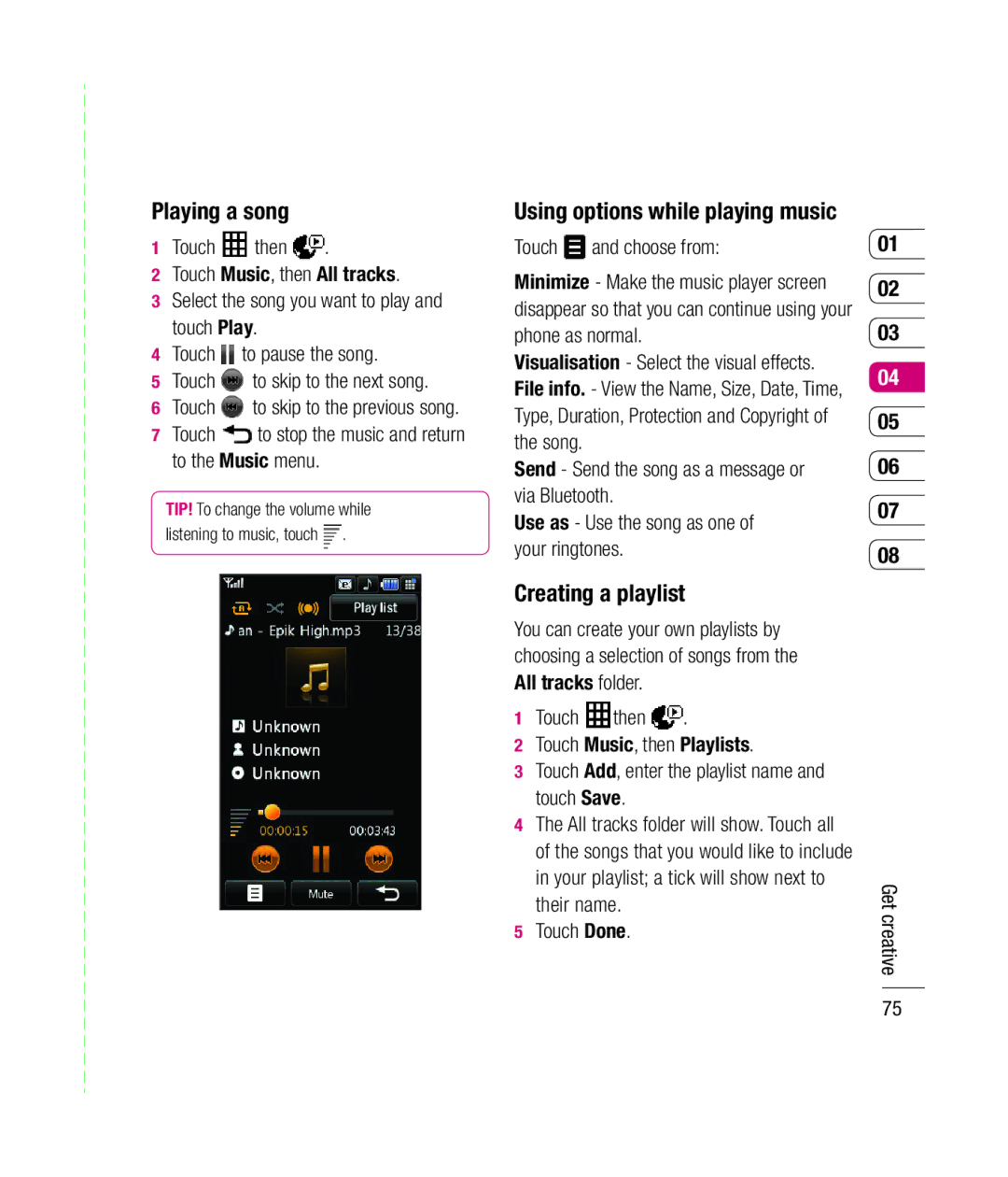 Mitel KU990 manual Playing a song, Using options while playing music, Creating a playlist 