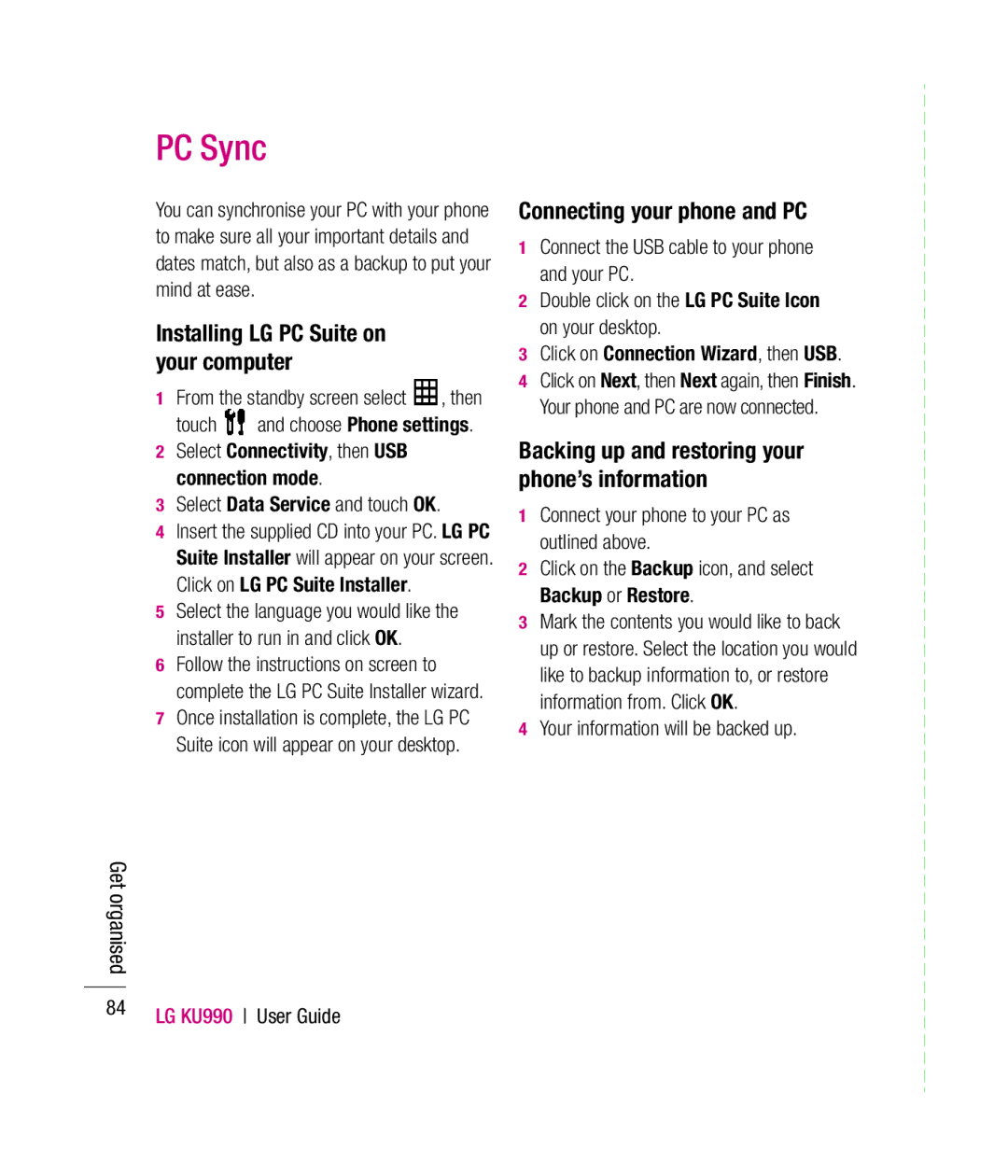 Mitel KU990 manual PC Sync, Installing LG PC Suite on your computer, Connecting your phone and PC 