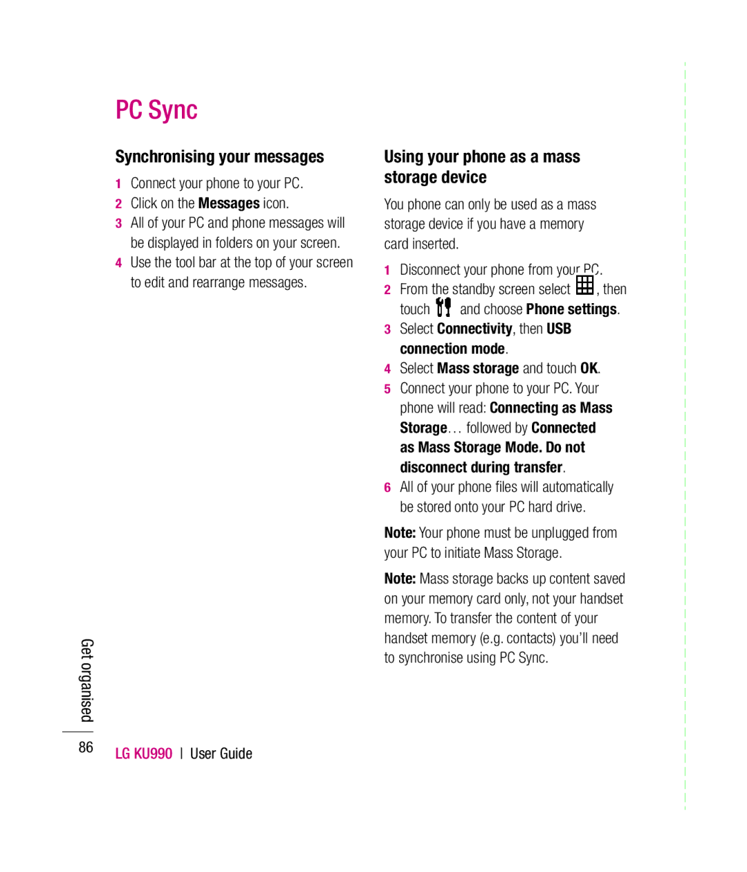 Mitel KU990 manual Synchronising your messages, Using your phone as a mass storage device 