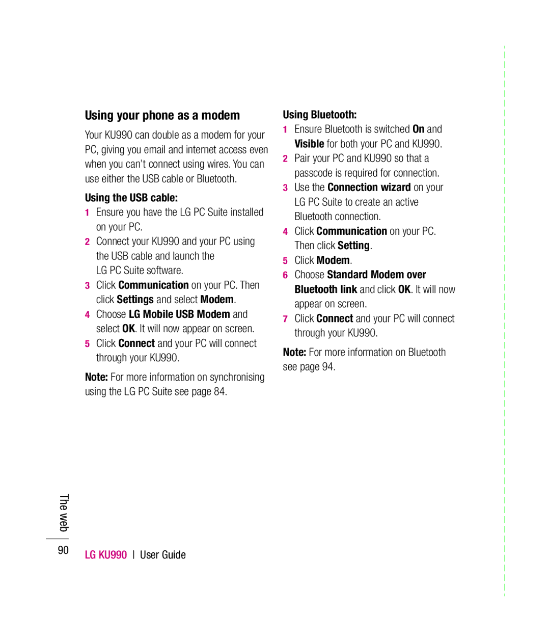 Mitel KU990 manual Using your phone as a modem, LG PC Suite software 