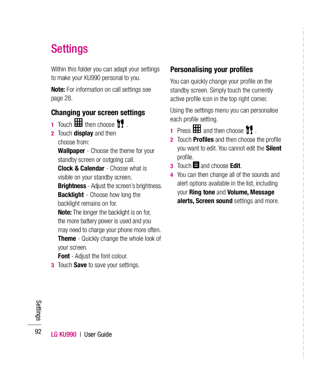 Mitel KU990 manual Settings, Changing your screen settings, Personalising your proﬁles 