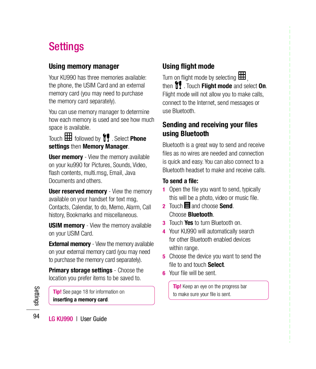 Mitel KU990 manual Using memory manager, Using ﬂight mode, Sending and receiving your ﬁles using Bluetooth 