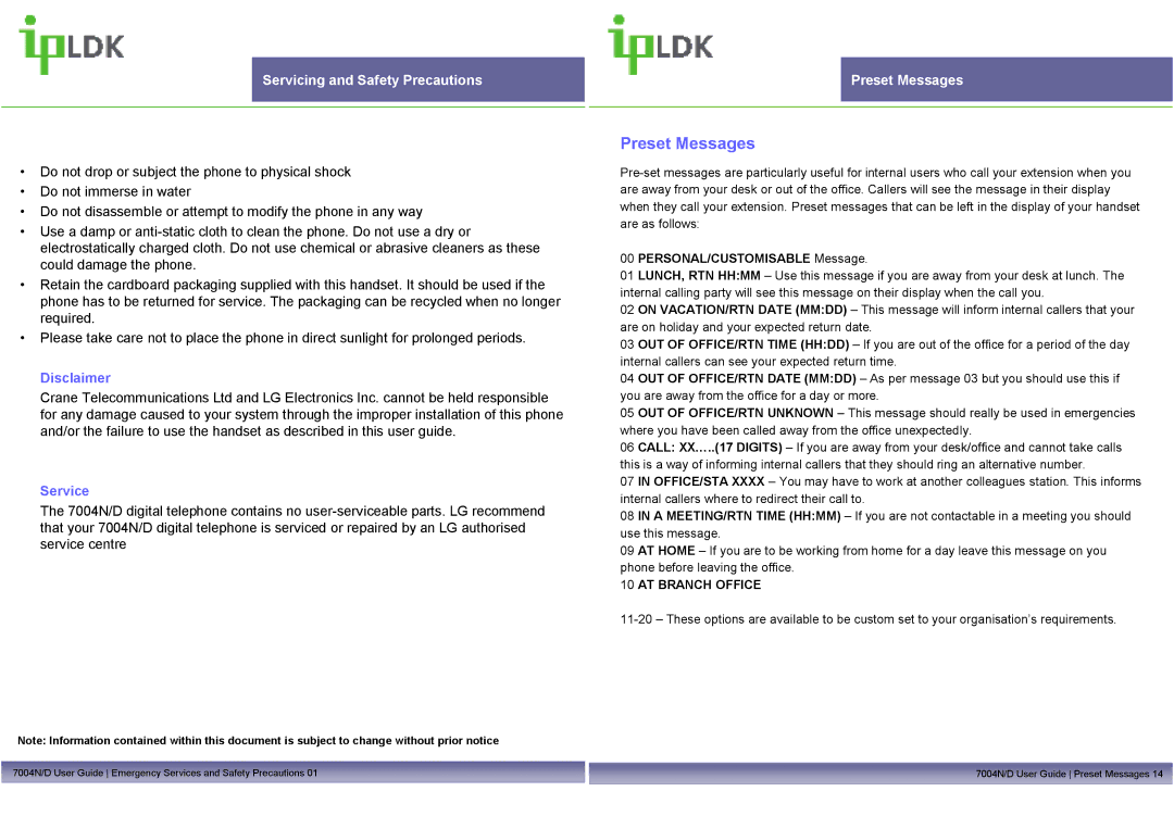 Mitel LDP7004N/D Preset Messages, Servicing and Safety Precautions, Disclaimer Service, PERSONAL/CUSTOMISABLE Message 