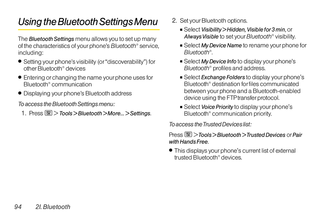 Mitel LG260 manual Using the Bluetooth SettingsMenu, To access the Bluetooth Settings menu, Set your Bluetooth options 