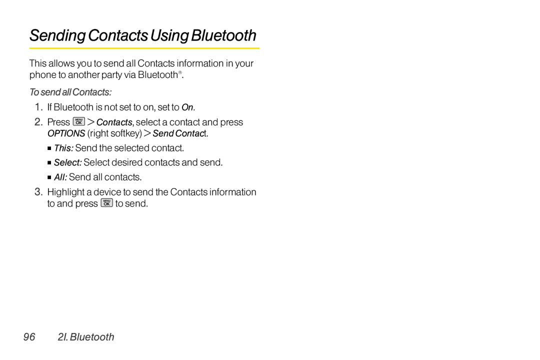 Mitel LG260 manual Sending Contacts Using Bluetooth, To send all Contacts, If Bluetooth is not set to on, set to On 