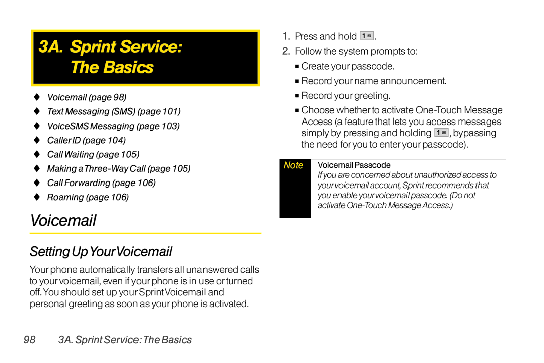 Mitel LG260 manual 3A. Sprint Service Basics, Setting UpYourVoicemail, 98 3A. Sprint ServiceThe Basics 