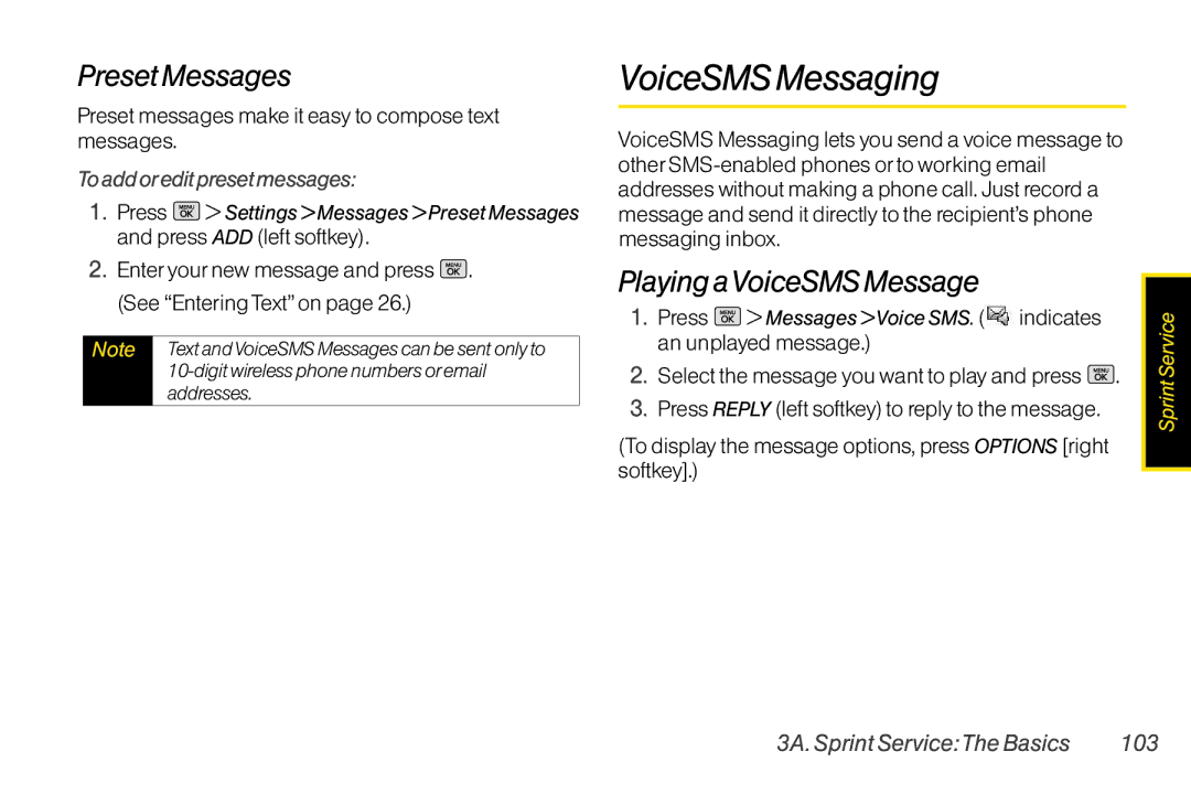 Mitel LG260 manual VoiceSMS Messaging, Preset Messages, To add oredit preset messages, 3A. Sprint ServiceThe Basics 103 