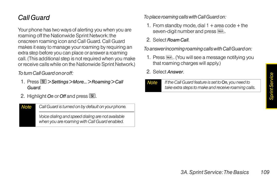 Mitel LG260 To turn Call Guard on oroff, To place roaming calls with Call Guard on, 3A. Sprint ServiceThe Basics 109 