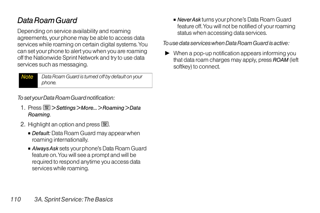 Mitel LG260 manual To set yourData Roam Guard notification, To use data services when Data Roam Guard is active 