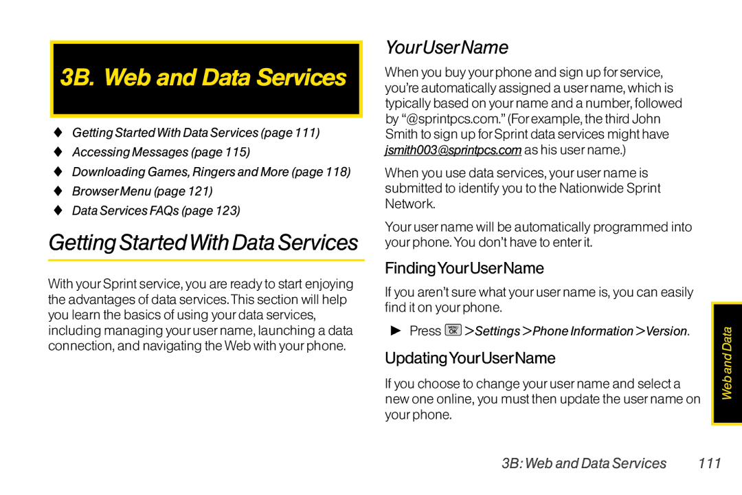 Mitel LG260 3B. Web and Data Services, Getting StartedWith Data Services, FindingYourUserName, UpdatingYourUserName 