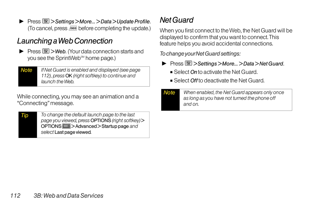 Mitel LG260 manual LaunchingaWeb Connection, To change yourNet Guard settings, 112 3B Web and Data Services 