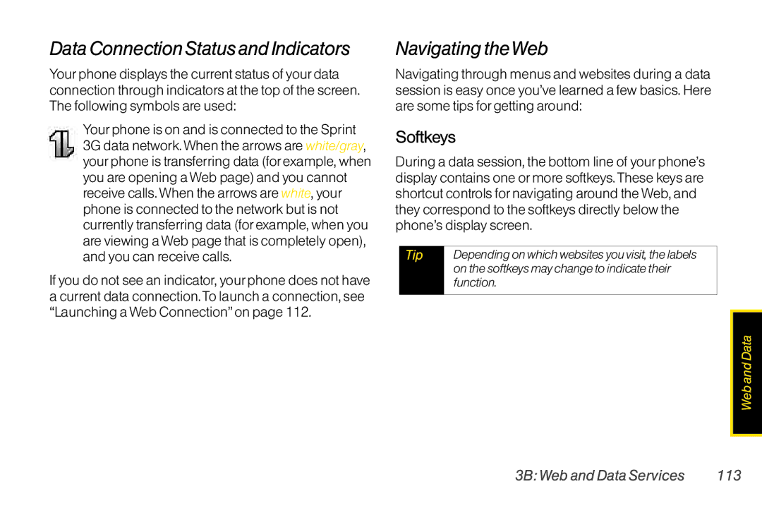 Mitel LG260 manual Data Connection Status and Indicators, Navigating theWeb, Softkeys, 3B Web and Data Services 113 